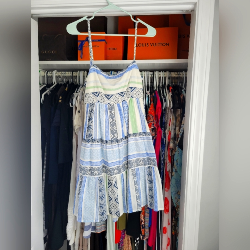Vici Blue, White & Pale Green Patterned Tiered Mini Dress